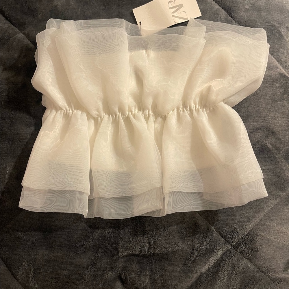 Elegant White Sheer Ruffled strapless Zara Top
